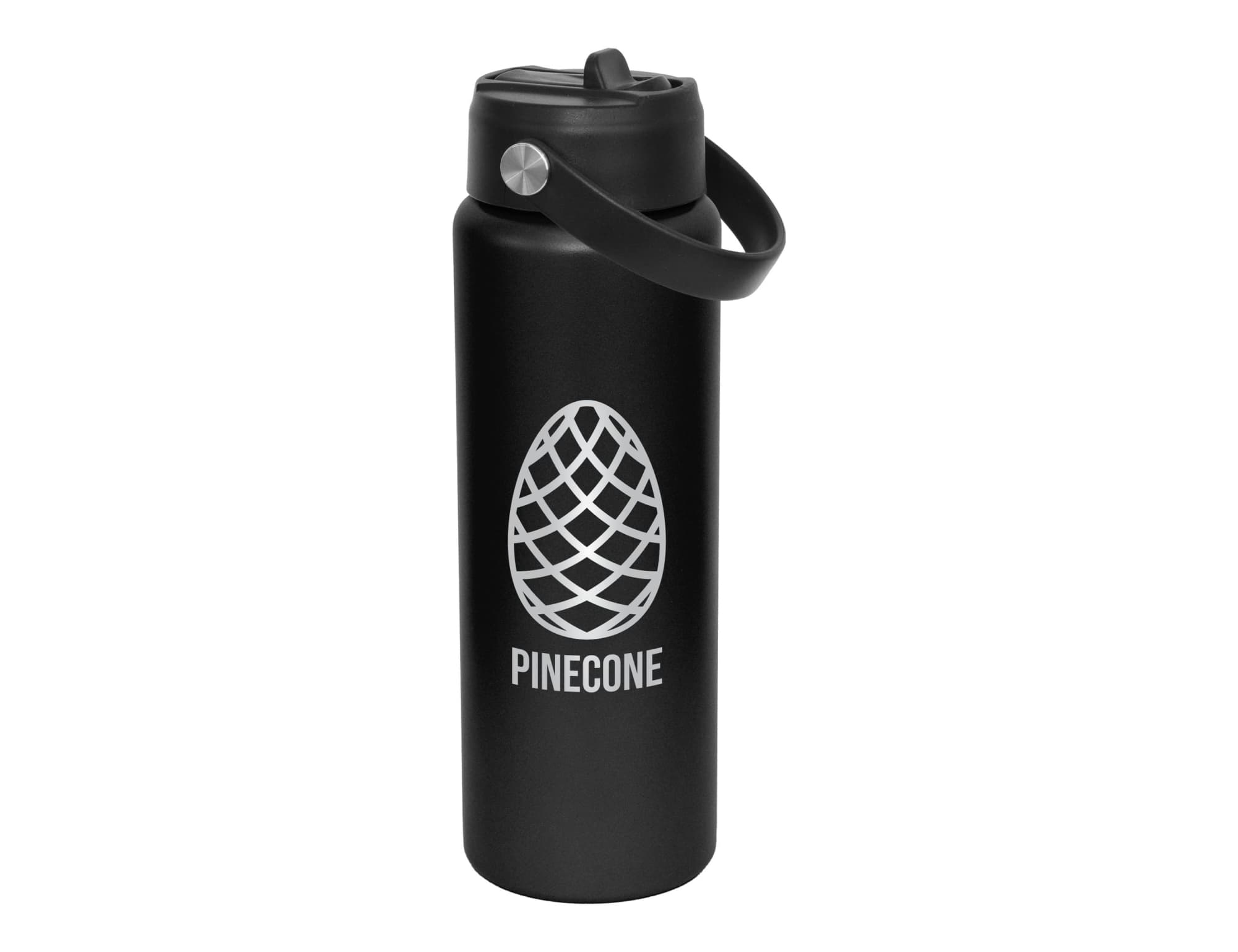 A drink bottle in matte black featuring a spout and a carrying handle, with a logo printed on the side.