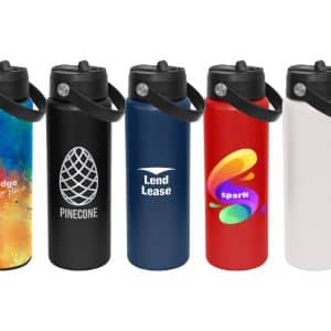A drink bottle collection featuring five varieties: blue, red, white, and multicoloured designs, with branding on some.