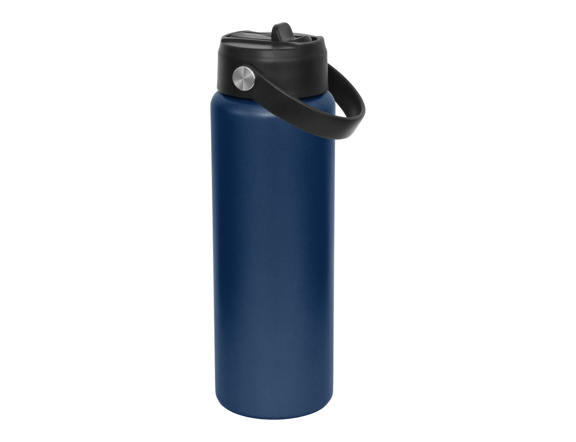 A drink bottle in navy blue with a black spout lid and a handle, featuring a logo on the side.