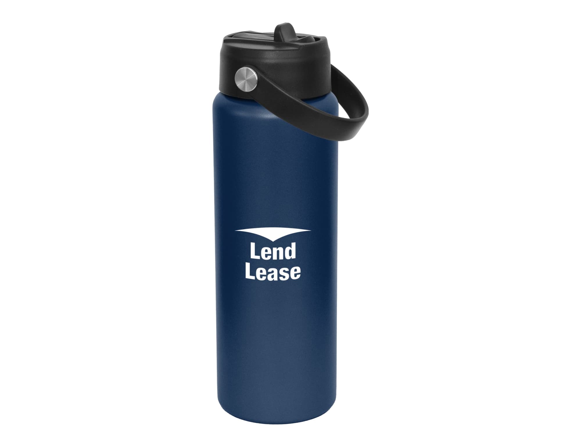 A drink bottle in navy blue with a spout and a black handle, featuring a branded logo.