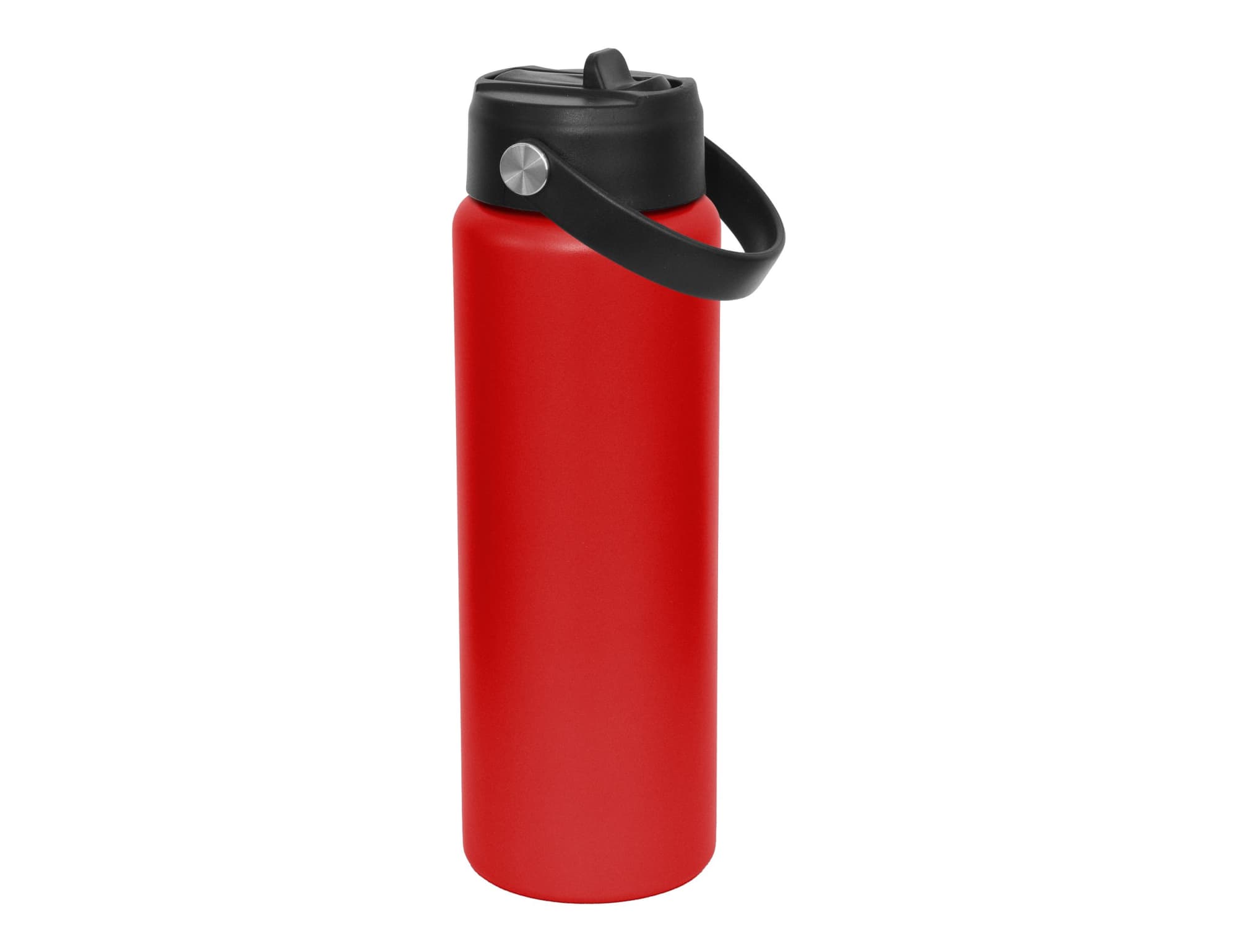 A drink bottle featuring a red body and black spout cap, with a handle for easy carrying.