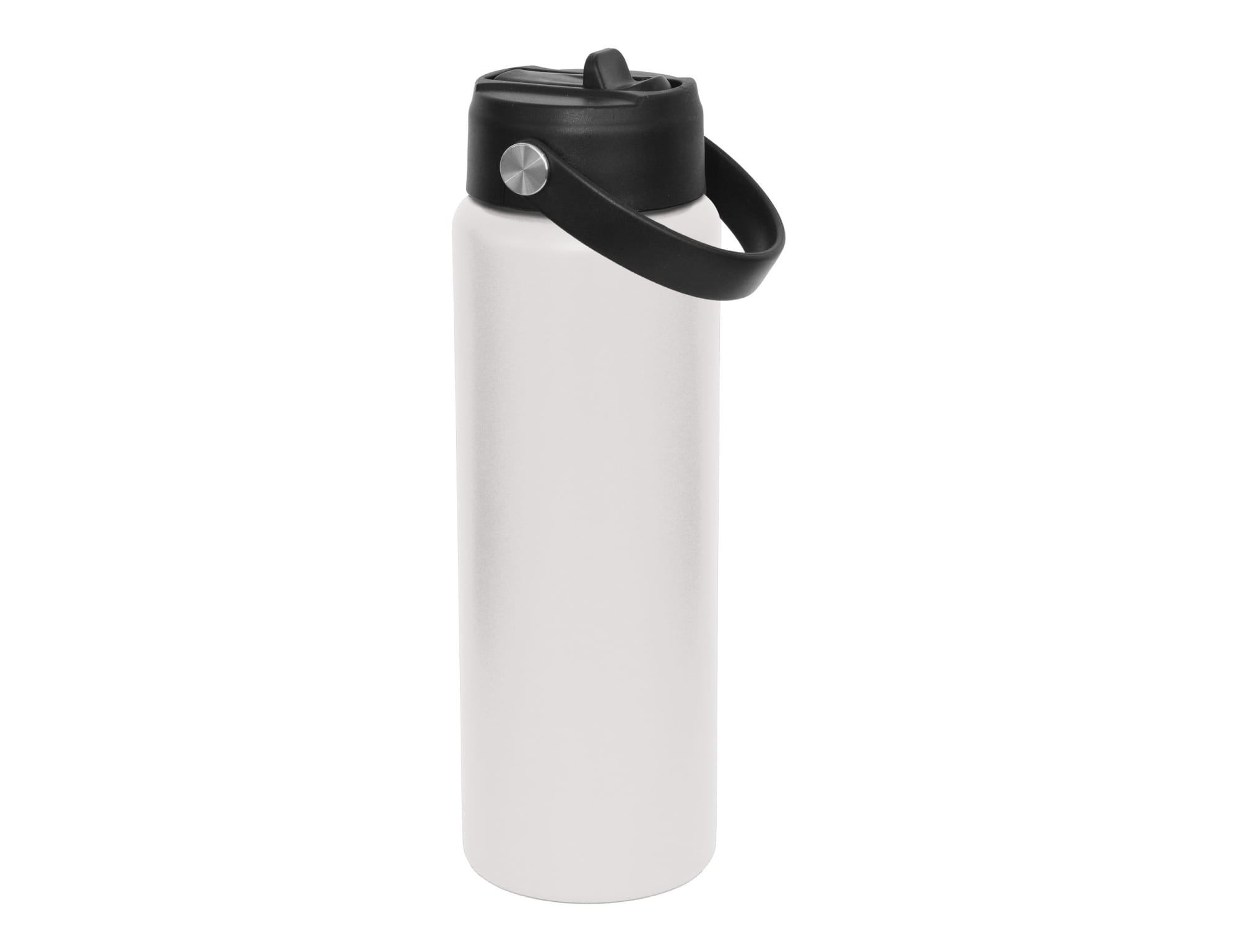 A drink bottle in matte white with a black lid and a black handle, featuring a logo.