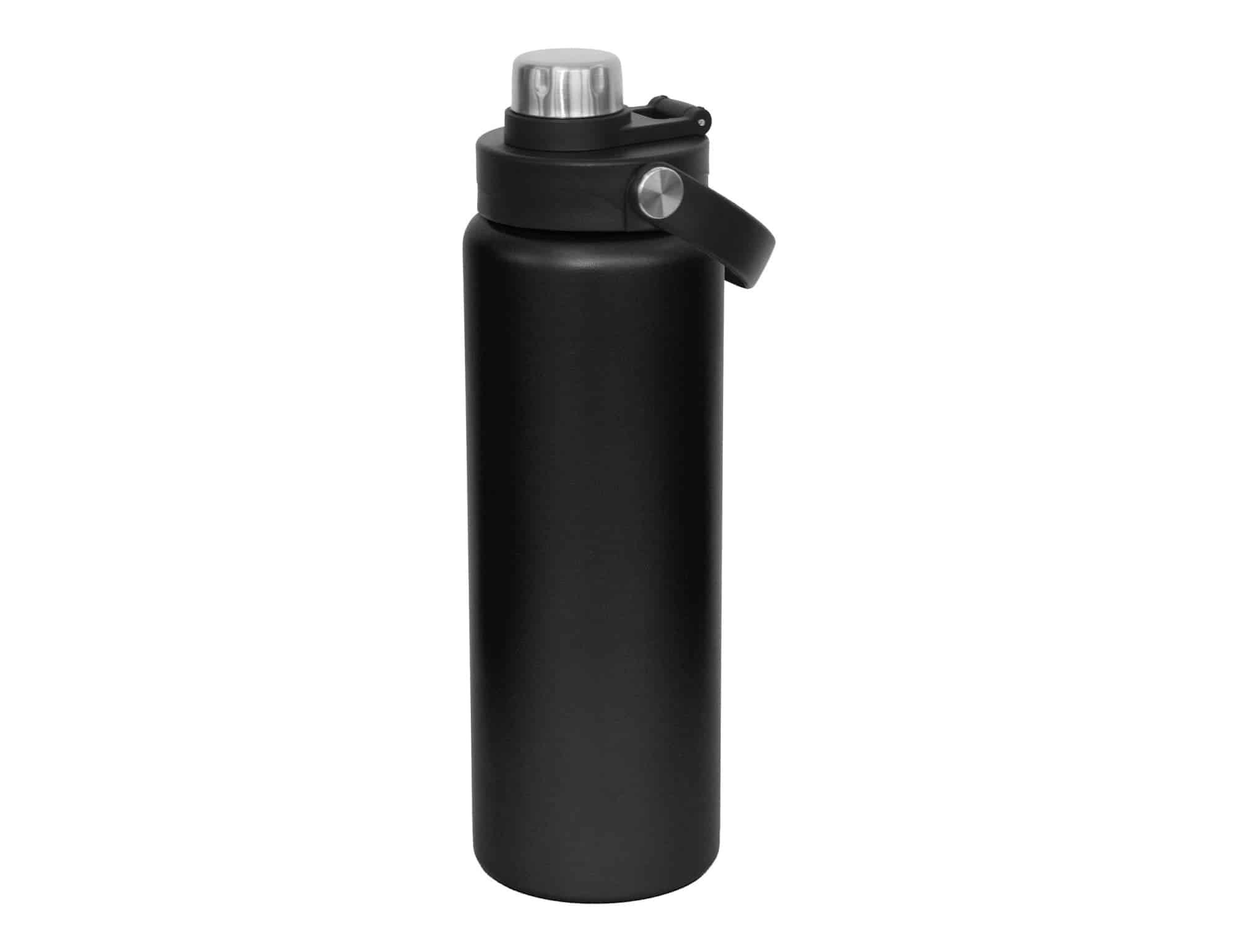 A drink bottle in matte black with a silver screw cap and a carrying handle. It features a logo.