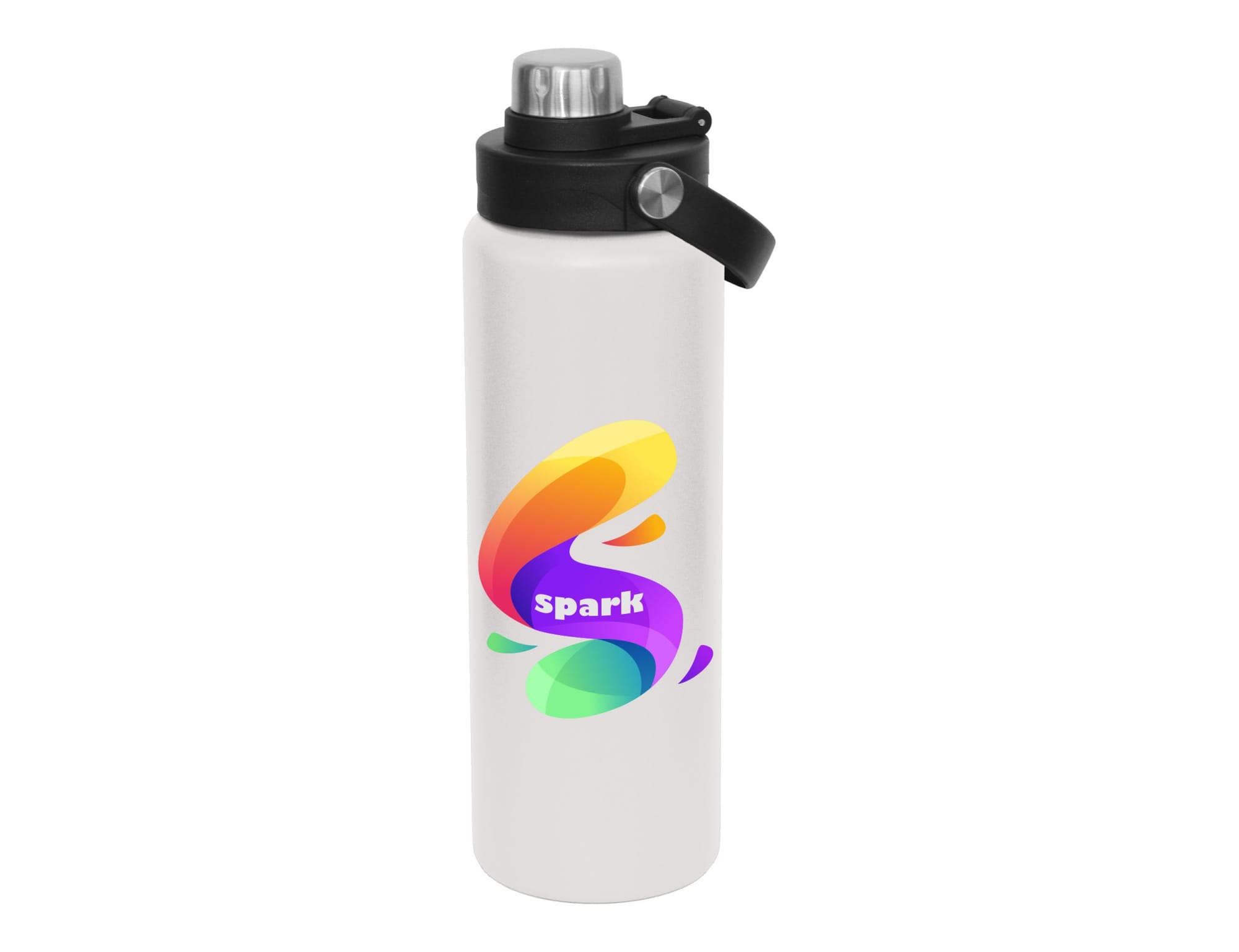 A drink bottle in white with a black screw cap and a colourful logo design.