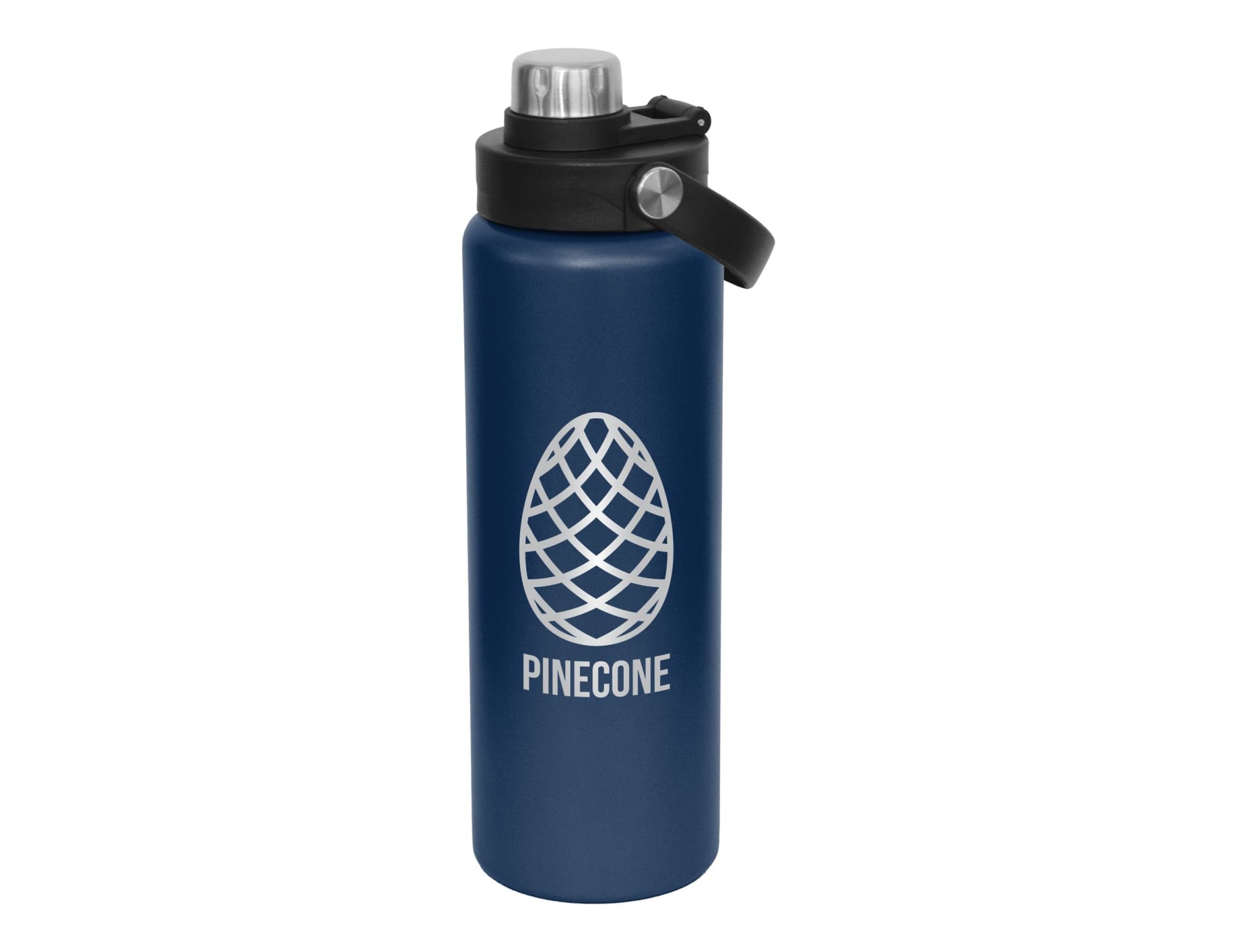 A drink bottle in dark blue with a screw cap, featuring a logo and a carry strap.