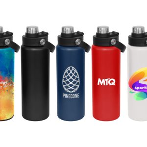 A drink bottle collection featuring a vibrant gradient, black, blue, red, and white bottles, each with a screw cap and logo.