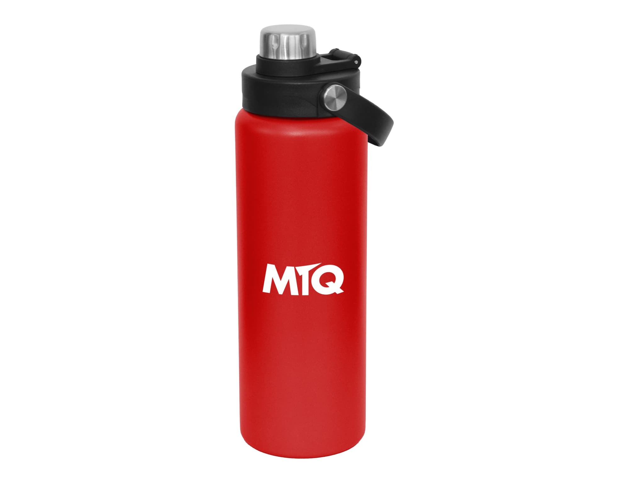 A drink bottle in red with a screw cap and a logo on the side, featuring a black lid and handle.