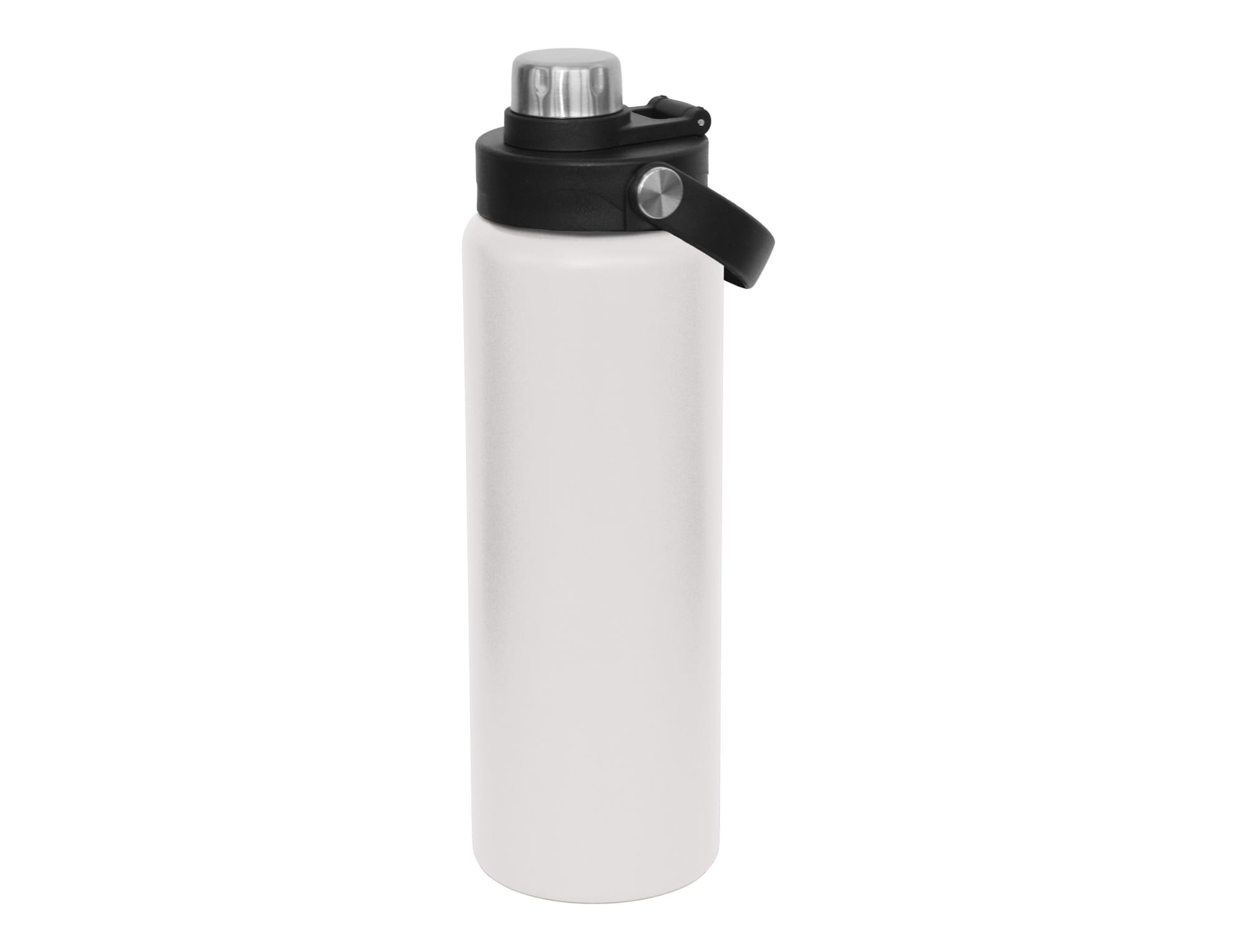 A drink bottle in white with a black screw cap and handle, featuring a metal top and a logo.