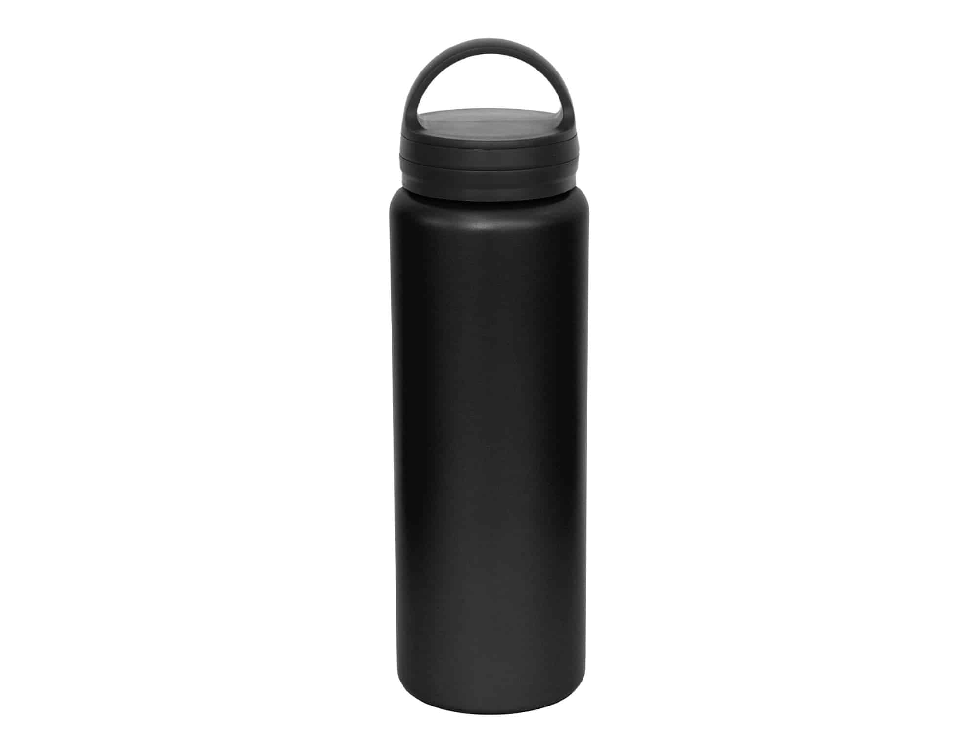 A drink bottle in matte black with a lid and a carry handle, featuring a logo on the body.