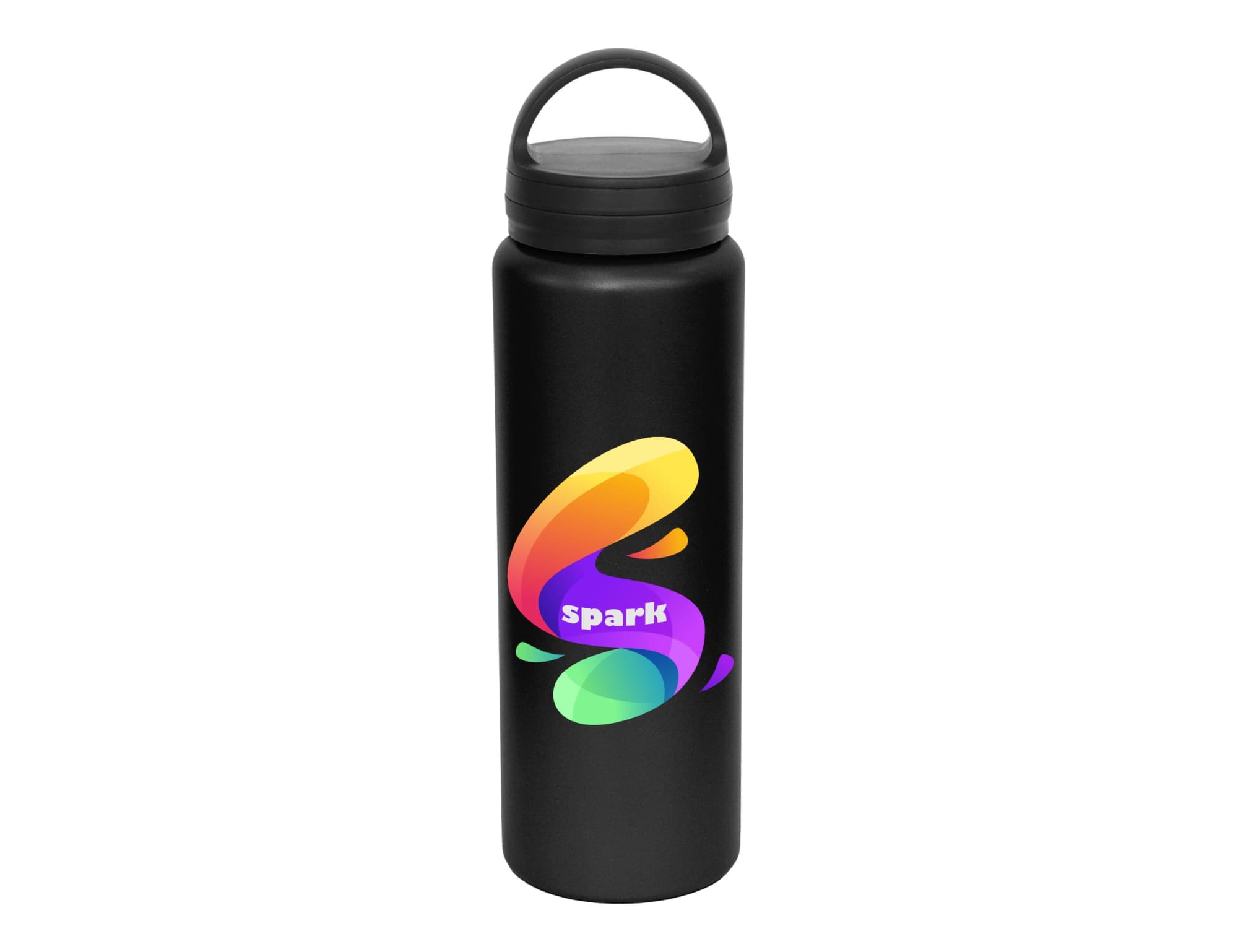 A drink bottle in black with a colourful logo design, featuring a carry lid for convenience.
