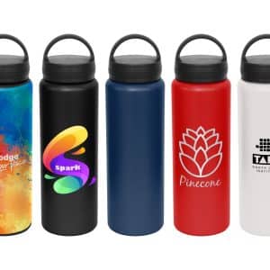 A drink bottle collection featuring multiple colours: blue, red, black, and white, with various designs and logos.