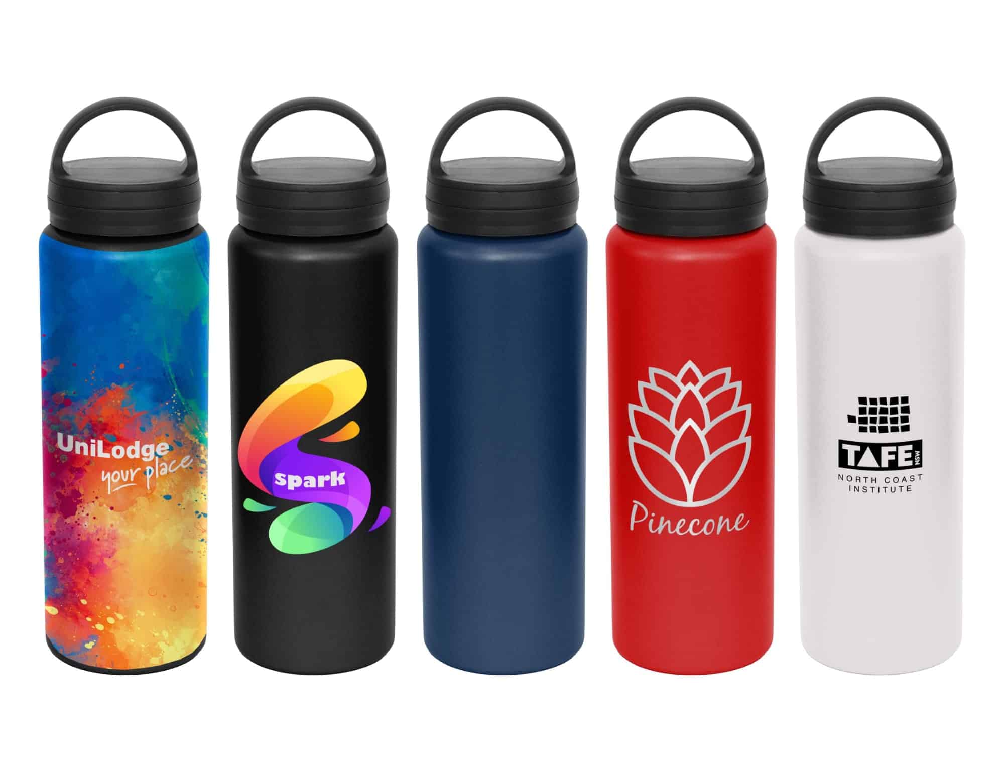 A drink bottle collection featuring multiple colours: blue, red, black, and white, with various designs and logos.