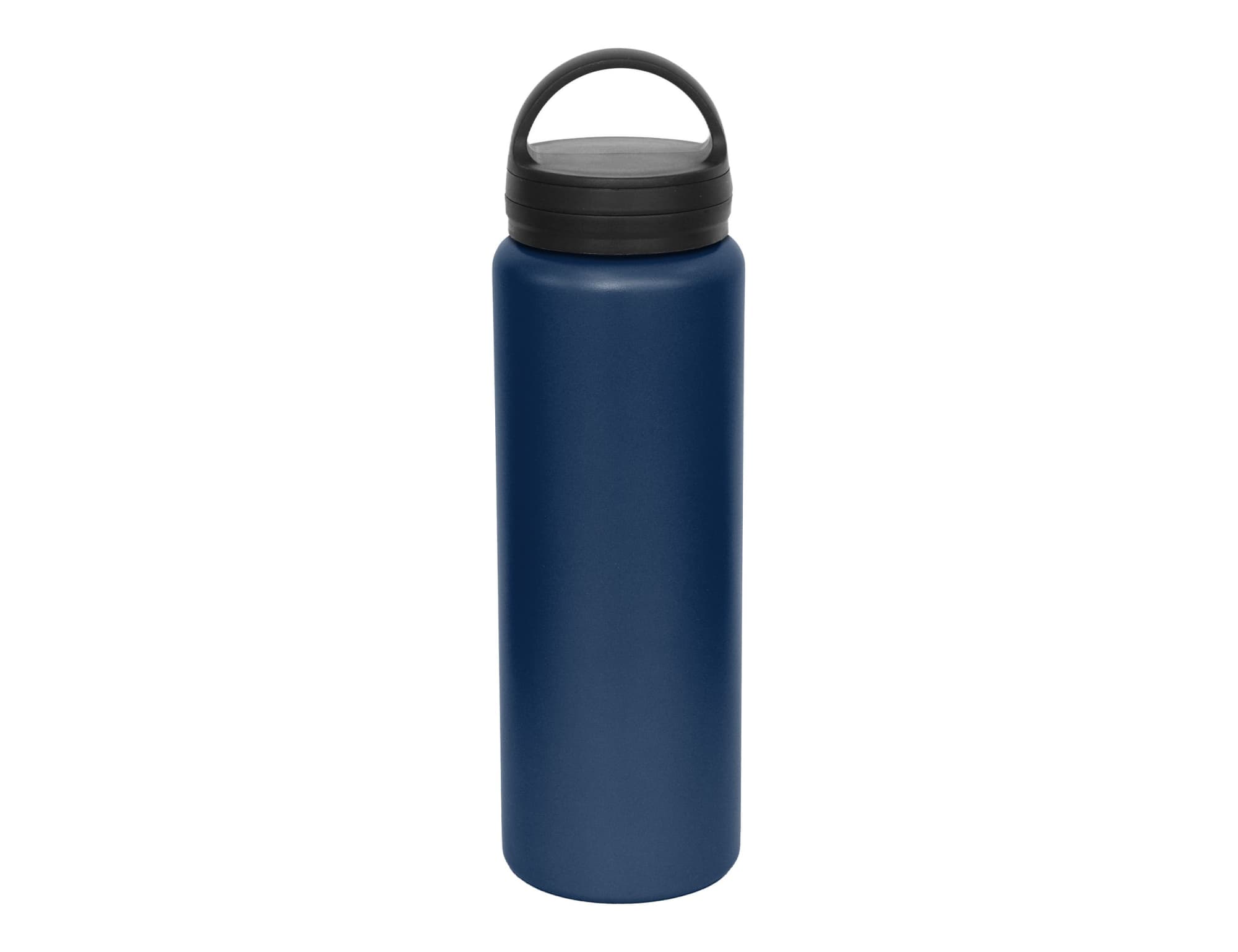 A drink bottle in navy blue with a black carry lid, featuring a handle for easy transport.
