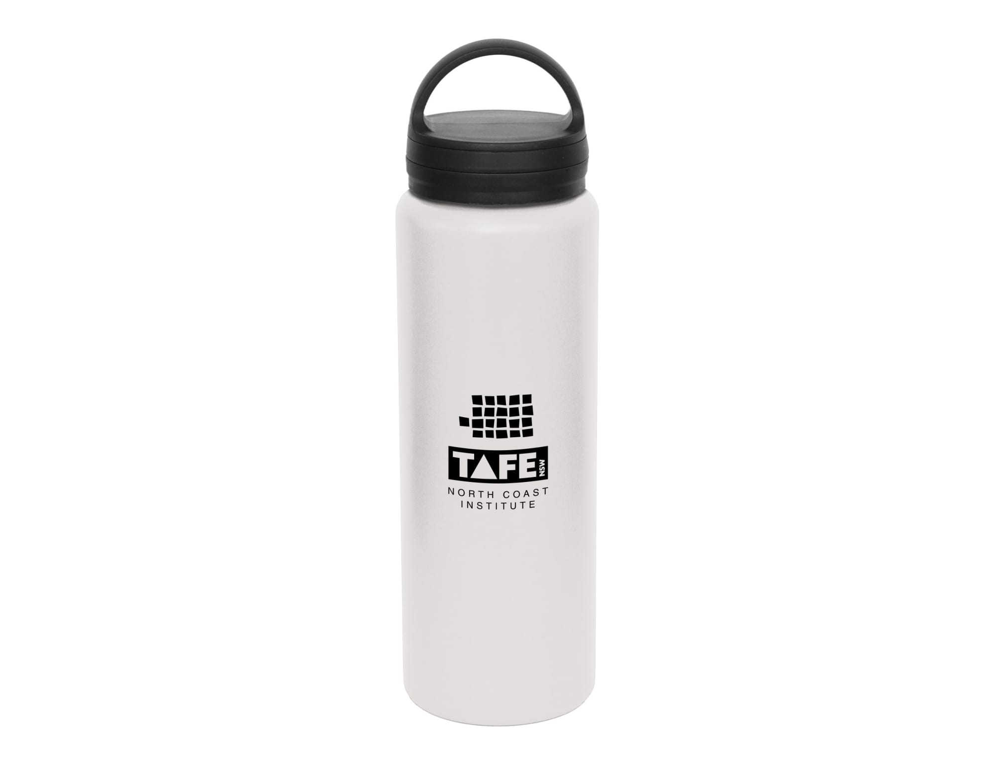 A drink bottle in white with a black carry lid and a logo.
