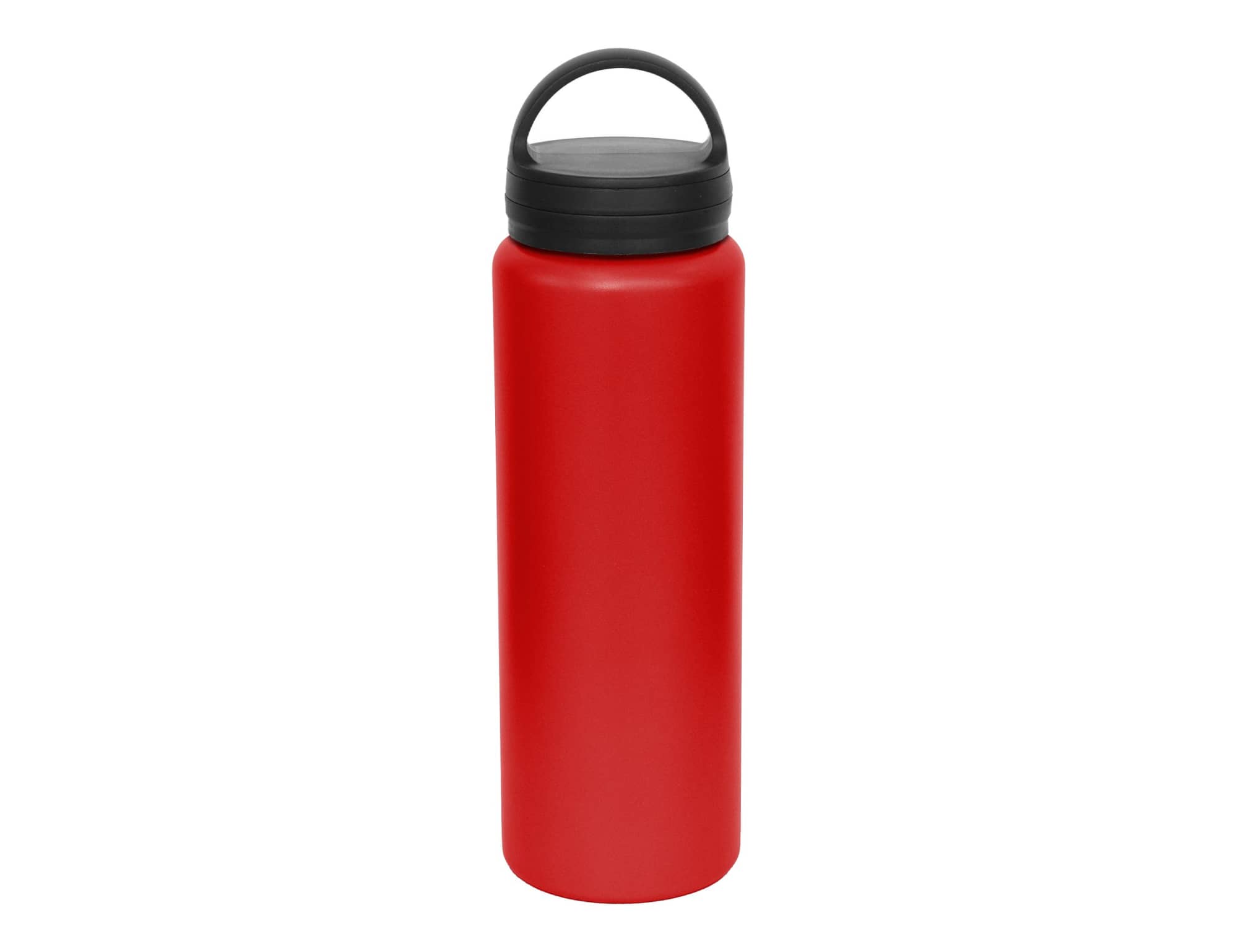 A drink bottle in vibrant red with a black lid and a handle for easy carrying. It features a logo.