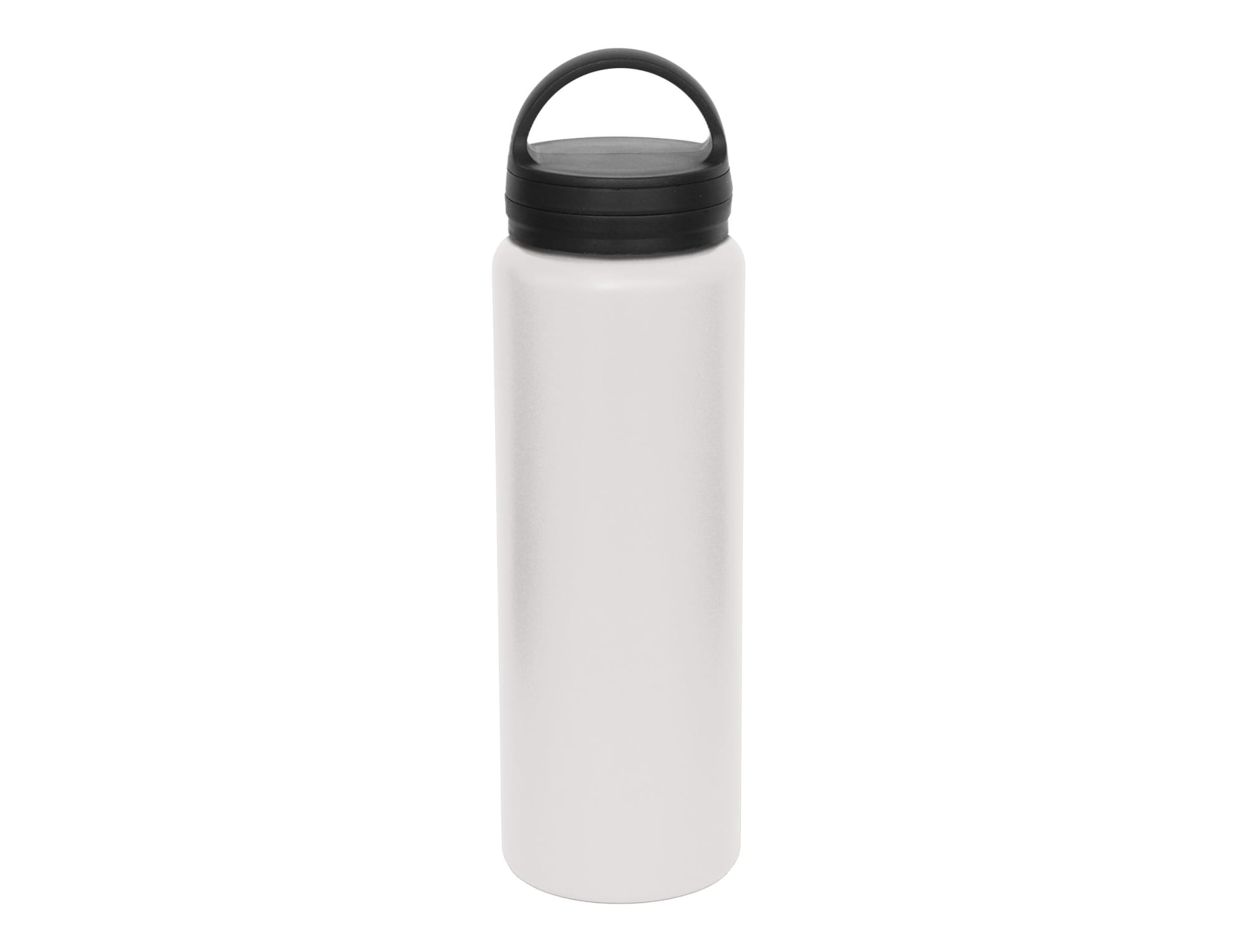 A drink bottle in a sleek white finish with a black lid and handle; features a logo on the surface.