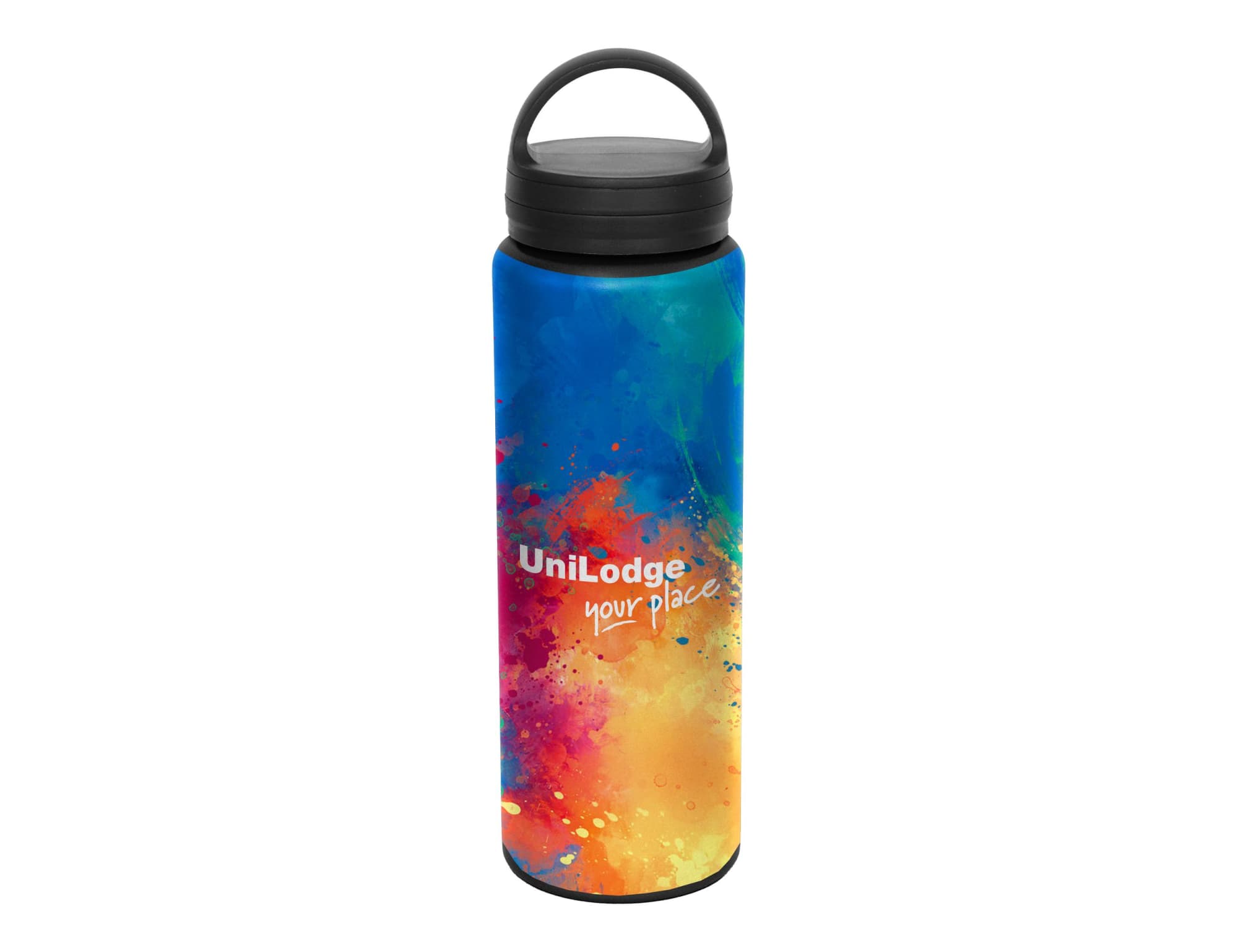 A drink bottle featuring a vibrant blue and orange design with a black carry lid and a logo.