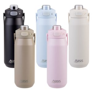 A drink bottle in black, beige, light blue, pink, and white, featuring a vacuum quick release lid and a logo.