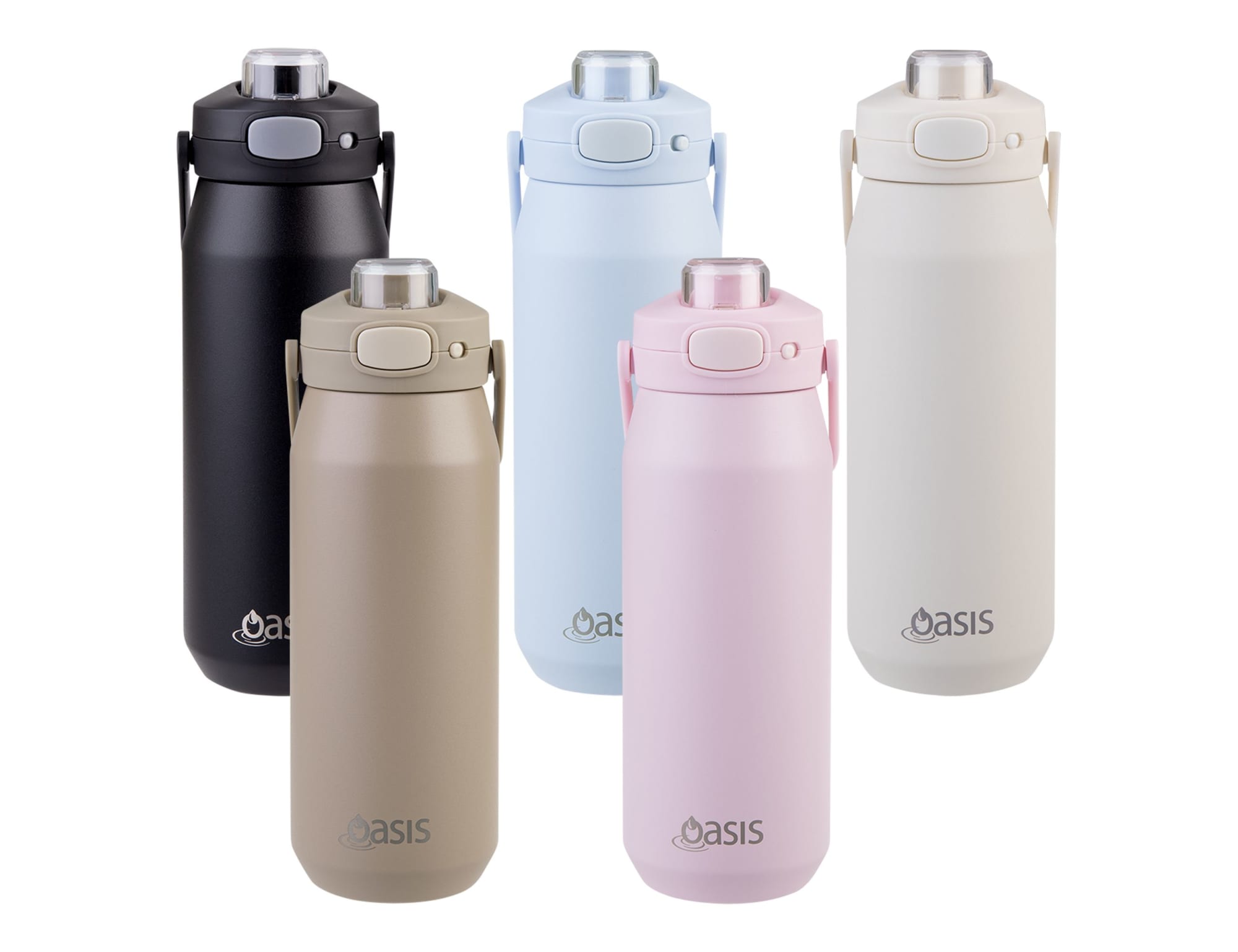 A drink bottle in black, beige, light blue, pink, and white, featuring a vacuum quick release lid and a logo.