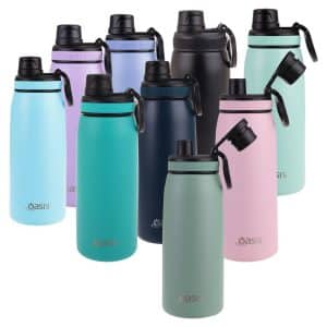 A drink bottle range featuring various colours, including blue, teal, mint, pink, and black, with screw caps and logos.