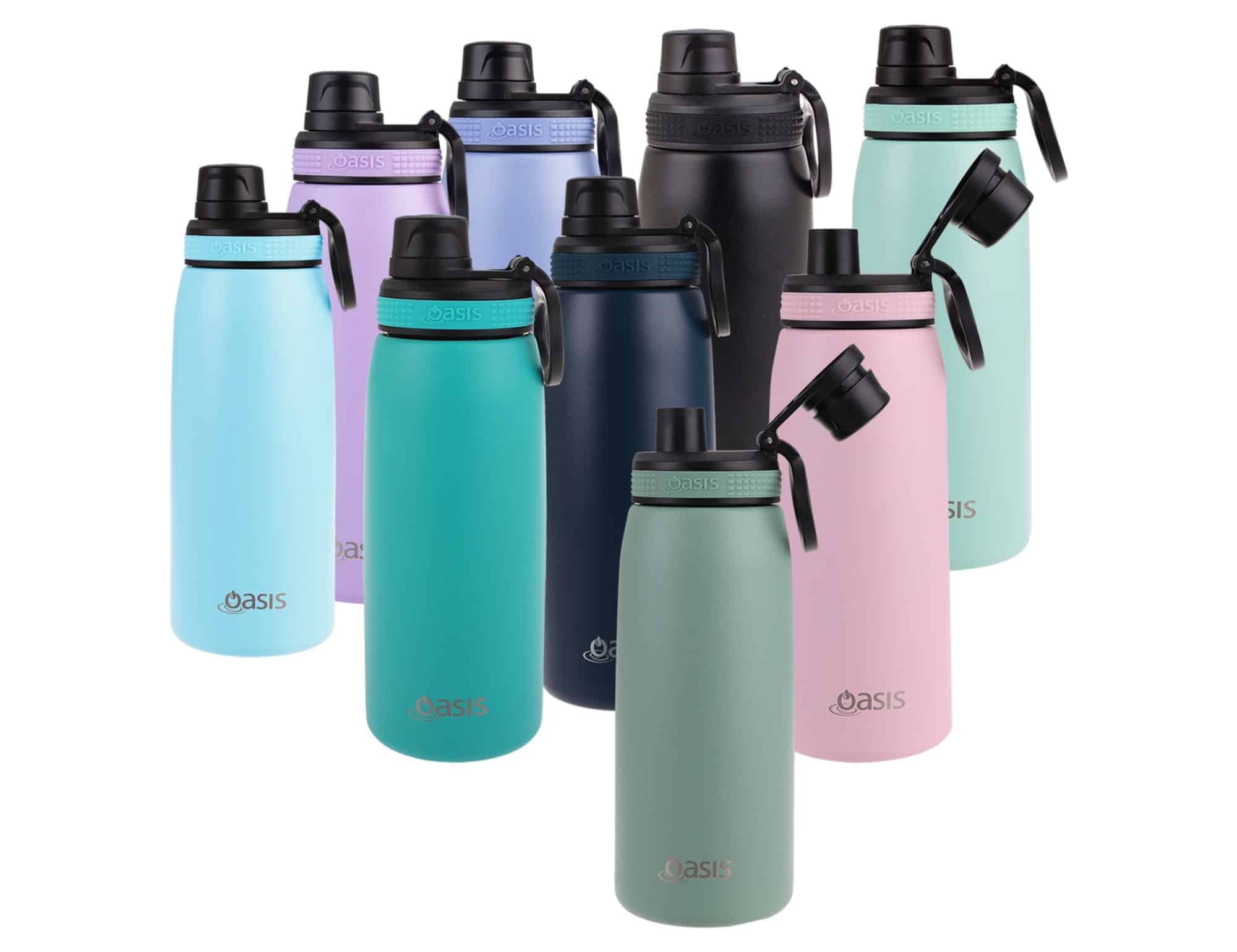 A drink bottle range featuring various colours, including blue, teal, mint, pink, and black, with screw caps and logos.