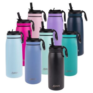 A drink bottle collection featuring the Oasis 780ml Vacuum Sports Sipper in various colours with a spout lid and branding.