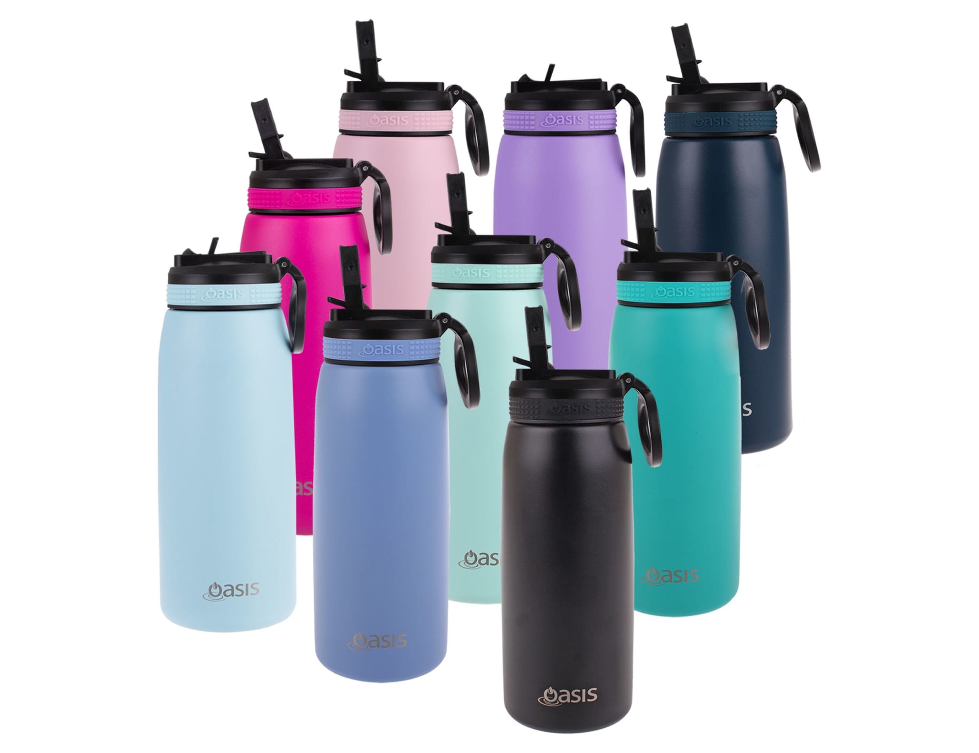 A drink bottle collection featuring the Oasis 780ml Vacuum Sports Sipper in various colours with a spout lid and branding.