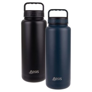 A drink bottle set featuring a black and a navy blue vacuum flask, both with handles and branding.
