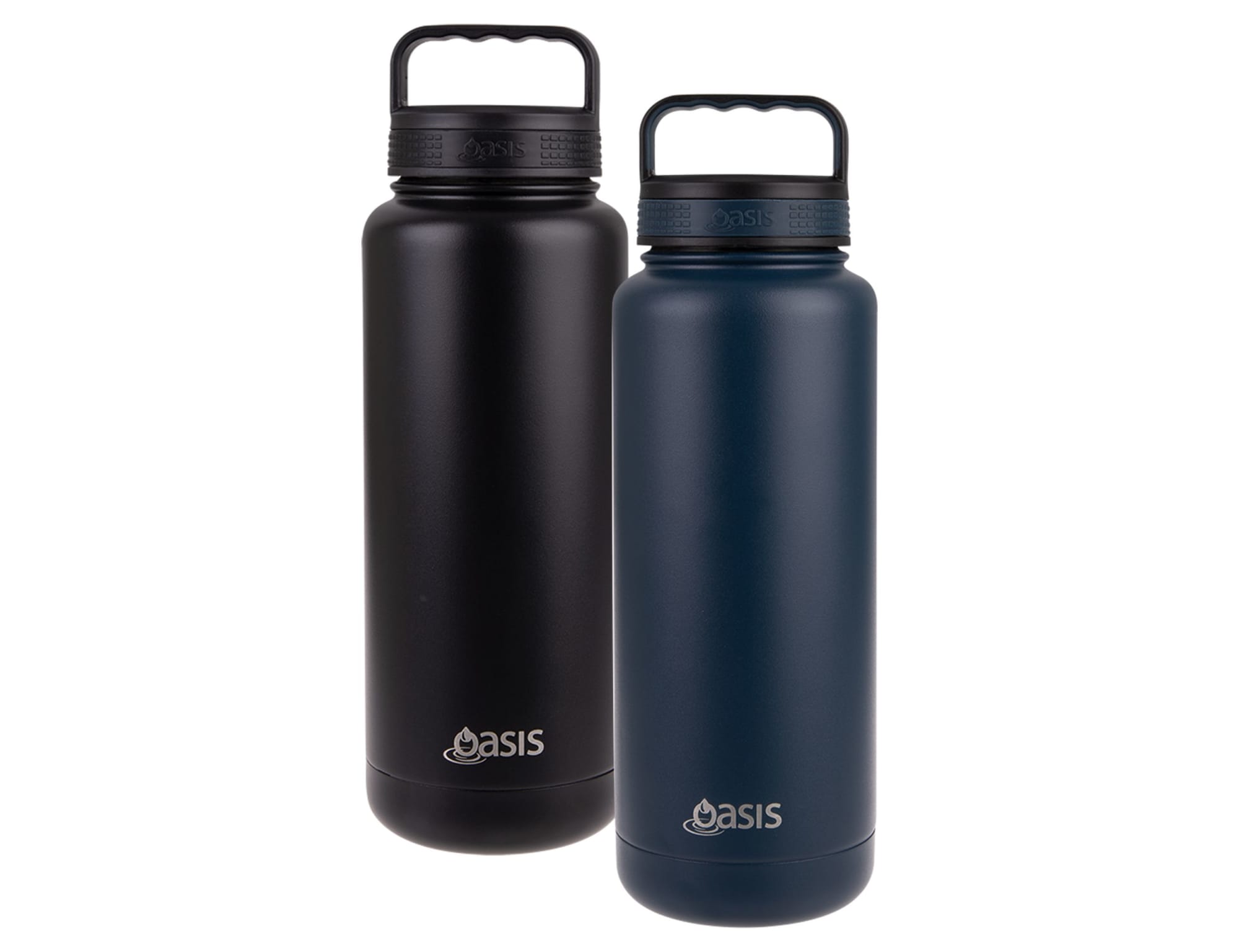 A drink bottle set featuring a black and a navy blue vacuum flask, both with handles and branding.