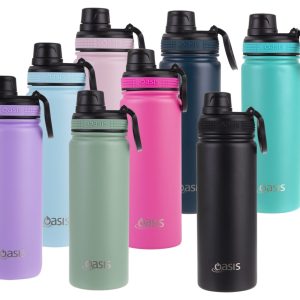 A drink bottle collection featuring various colours: black, green, blue, pink, purple, and a light blue, with screw caps and branding.