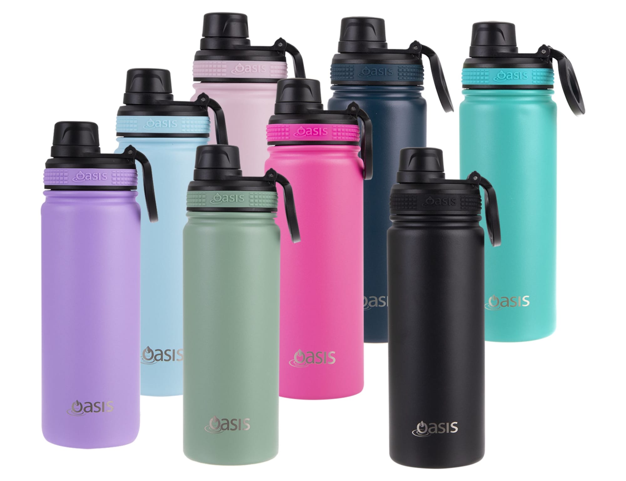 A drink bottle collection featuring various colours: black, green, blue, pink, purple, and a light blue, with screw caps and branding.