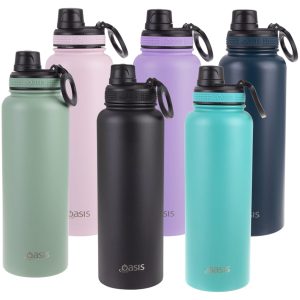 A drink bottle collection featuring various colours: pink, purple, black, teal, and dark blue, each with a screw cap and logo.