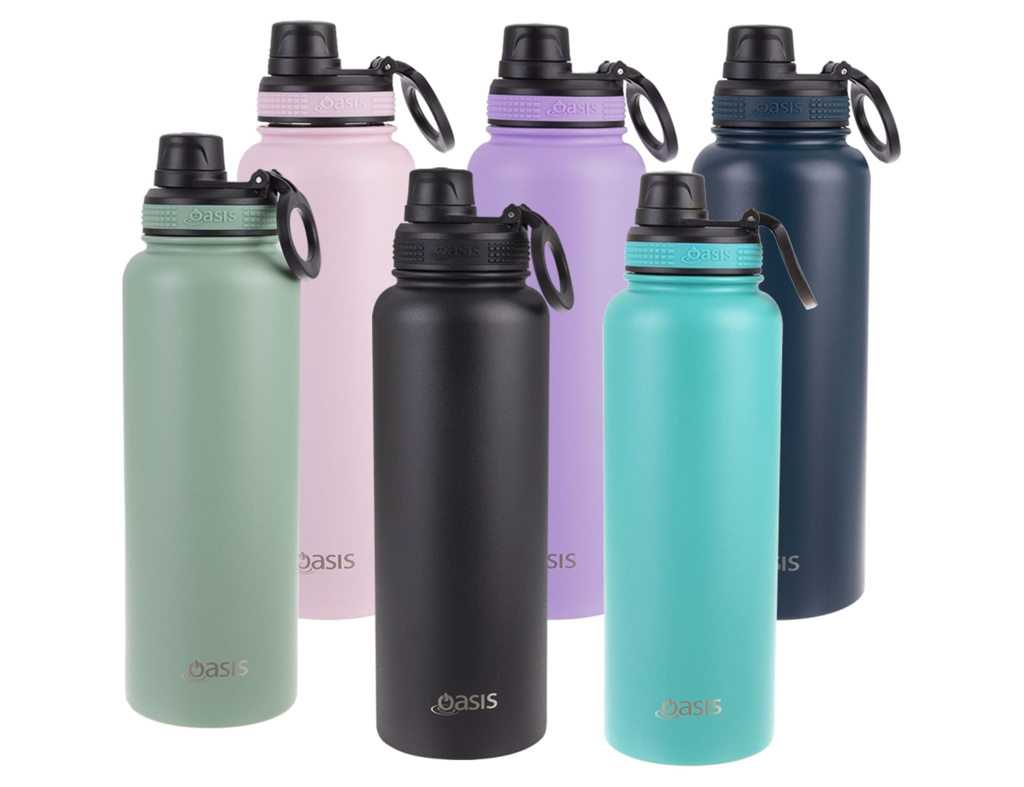 A drink bottle collection featuring various colours: pink, purple, black, teal, and dark blue, each with a screw cap and logo.