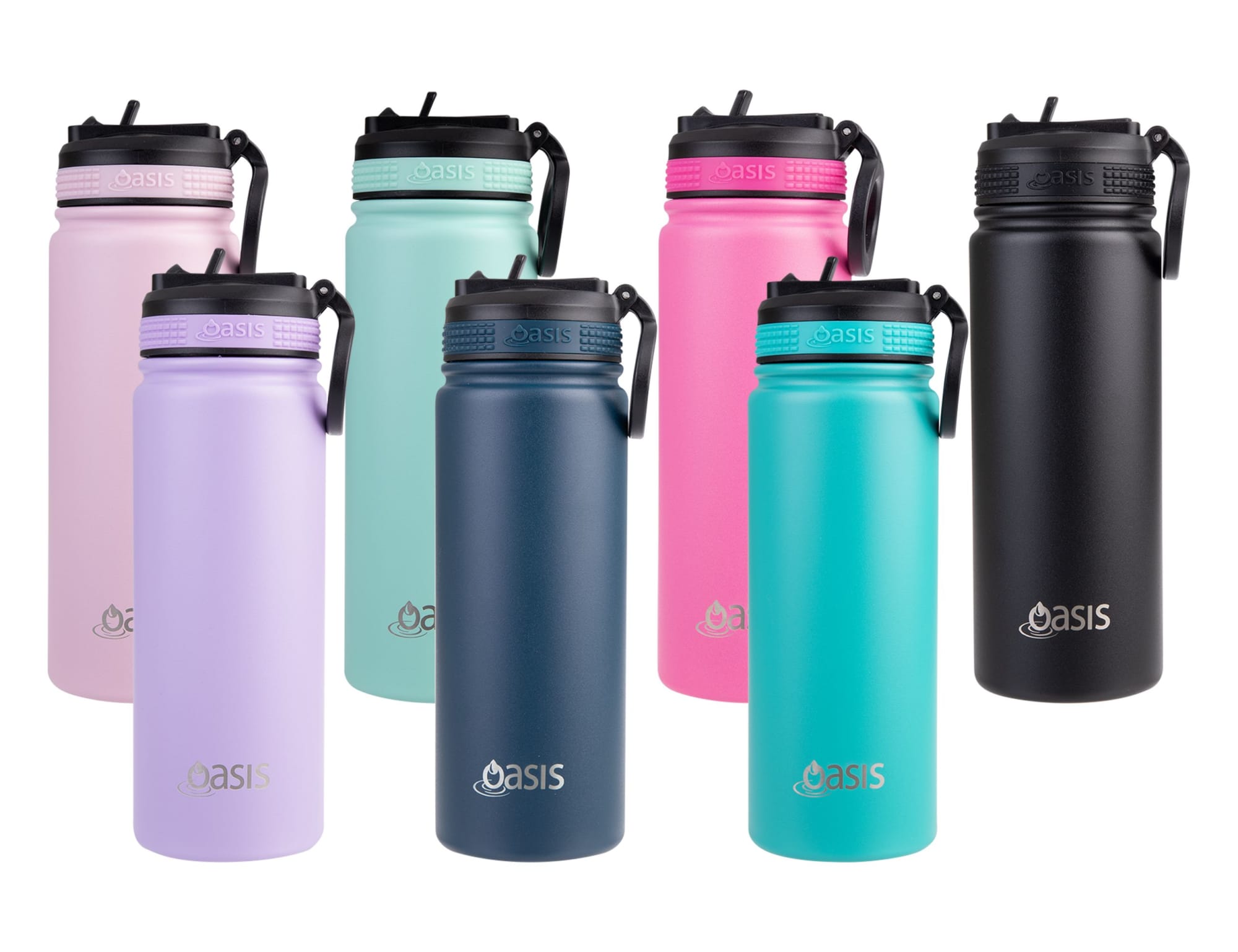A drink bottle collection featuring various colours: pink, lavender, teal, navy, and black, with a logo on each.
