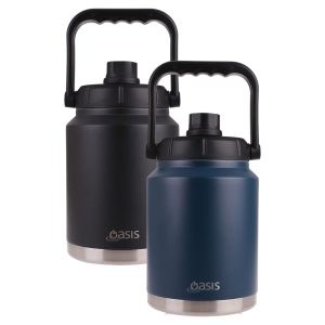 A drink bottle featuring a vacuum-insulated design, available in black and navy blue, with a carry handle and lid.