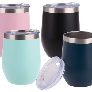 A drink bottle featuring four vacuum wine tumblers in pink, black, mint green, and dark blue, each with a lid.