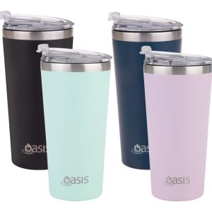 A drink bottle set featuring the Oasis 480ml Vacuum Travel Mug in black, mint, navy, and pink colours. Each has a lid and logo.