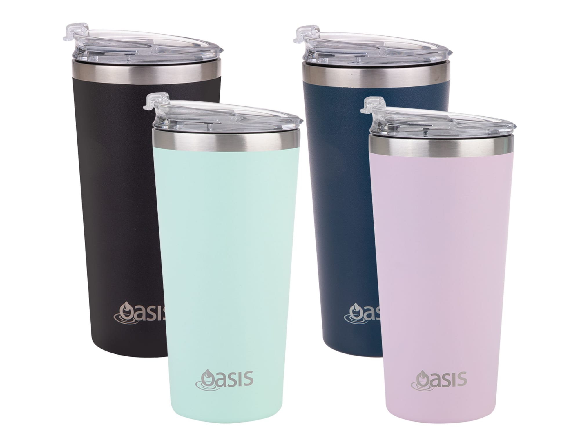 A drink bottle set featuring the Oasis 480ml Vacuum Travel Mug in black, mint, navy, and pink colours. Each has a lid and logo.