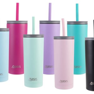 A drink bottle collection featuring eight vacuum tumblers in various pastel colours including blue, pink, green, and black, with straws.