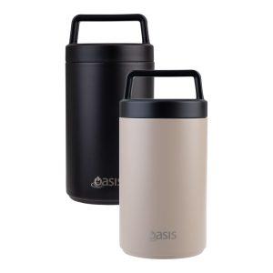 A drink bottle featuring a vacuum food flask in black and light beige, with a spoon and a handle. It has a logo.