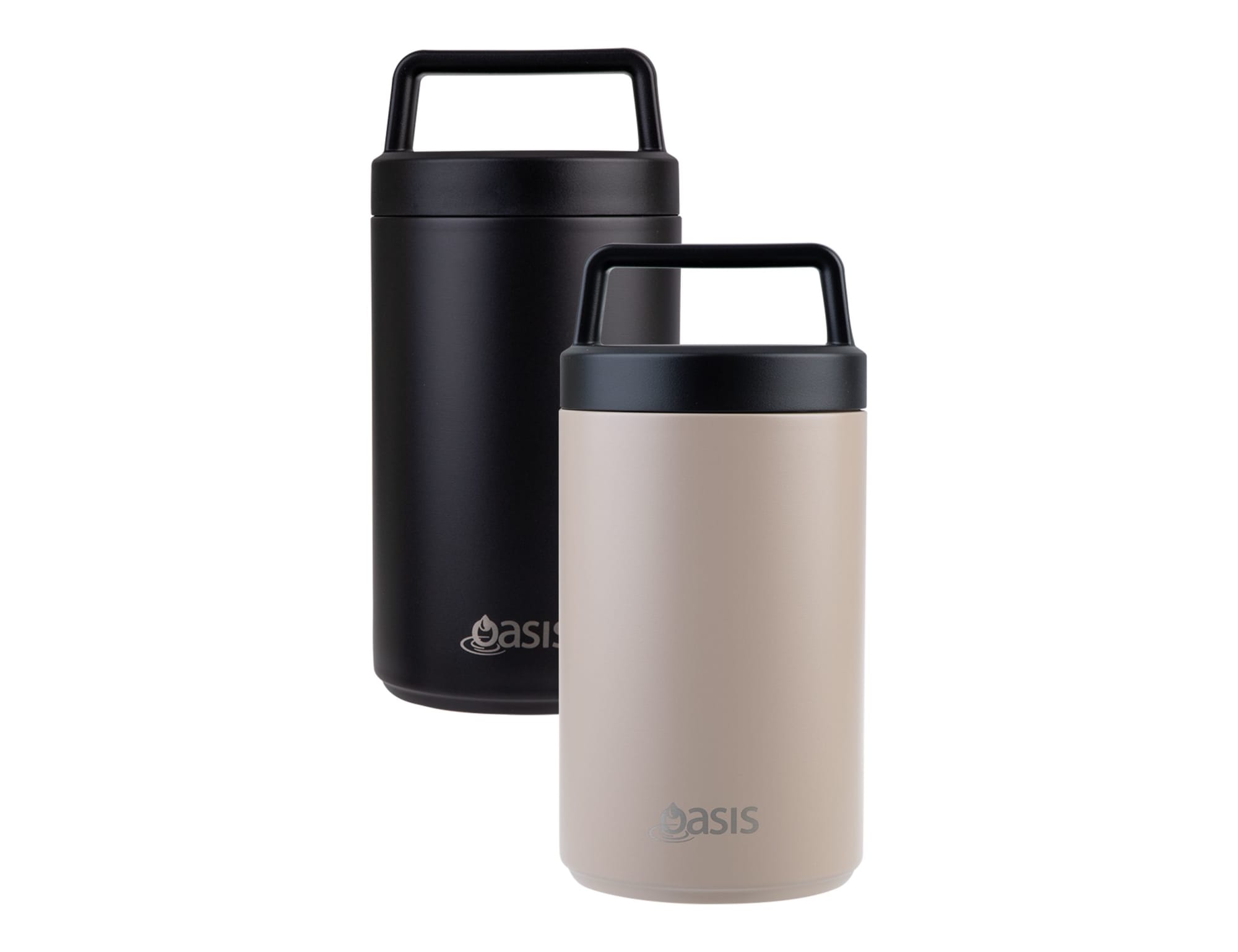 A drink bottle featuring a vacuum food flask in black and light beige, with a spoon and a handle. It has a logo.