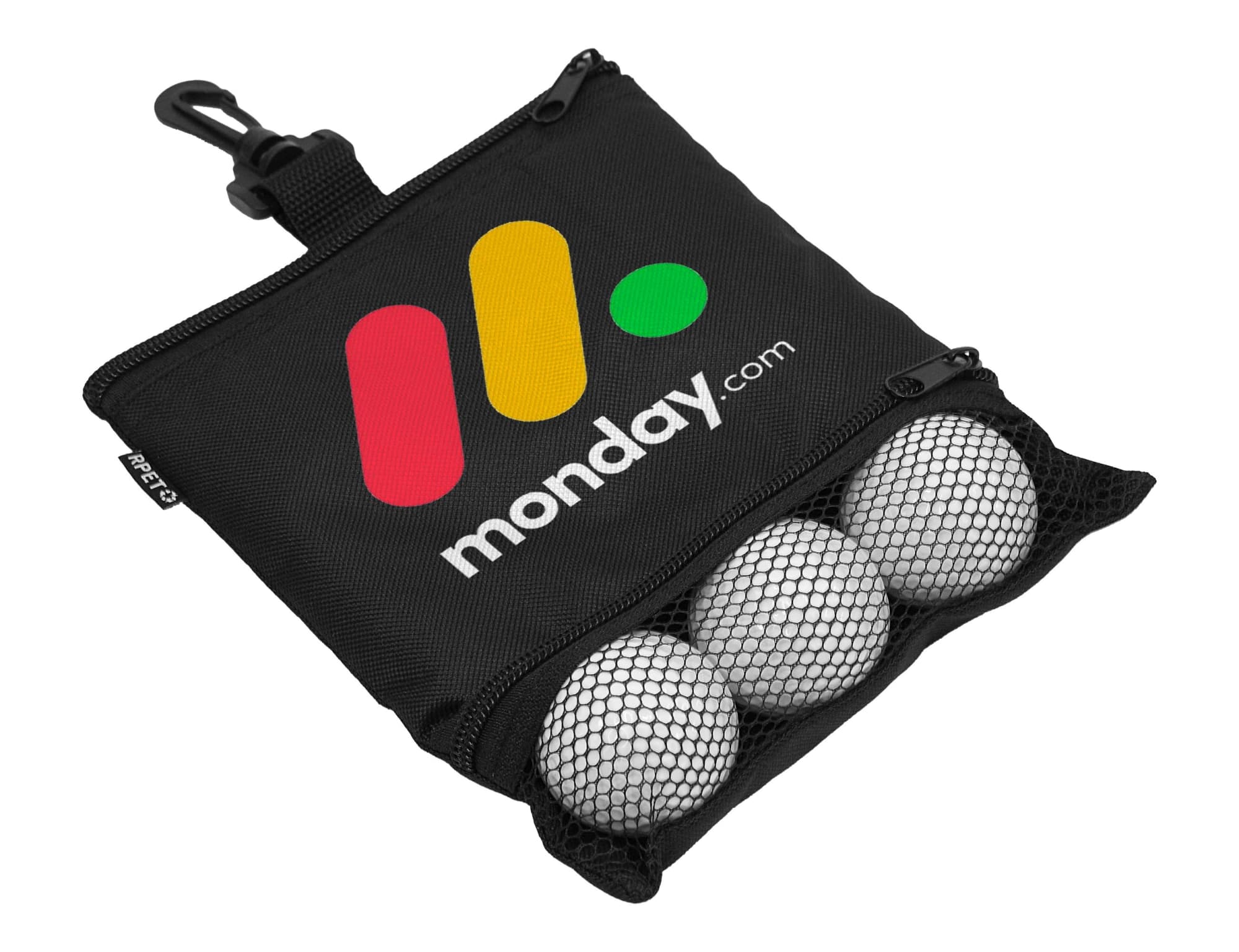 A black pouch with a logo, featuring three golf balls inside a mesh compartment.