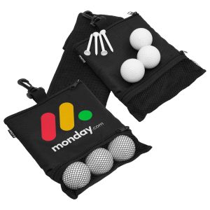 A black pouch containing six white golf balls and three white tees, featuring a colourful logo.