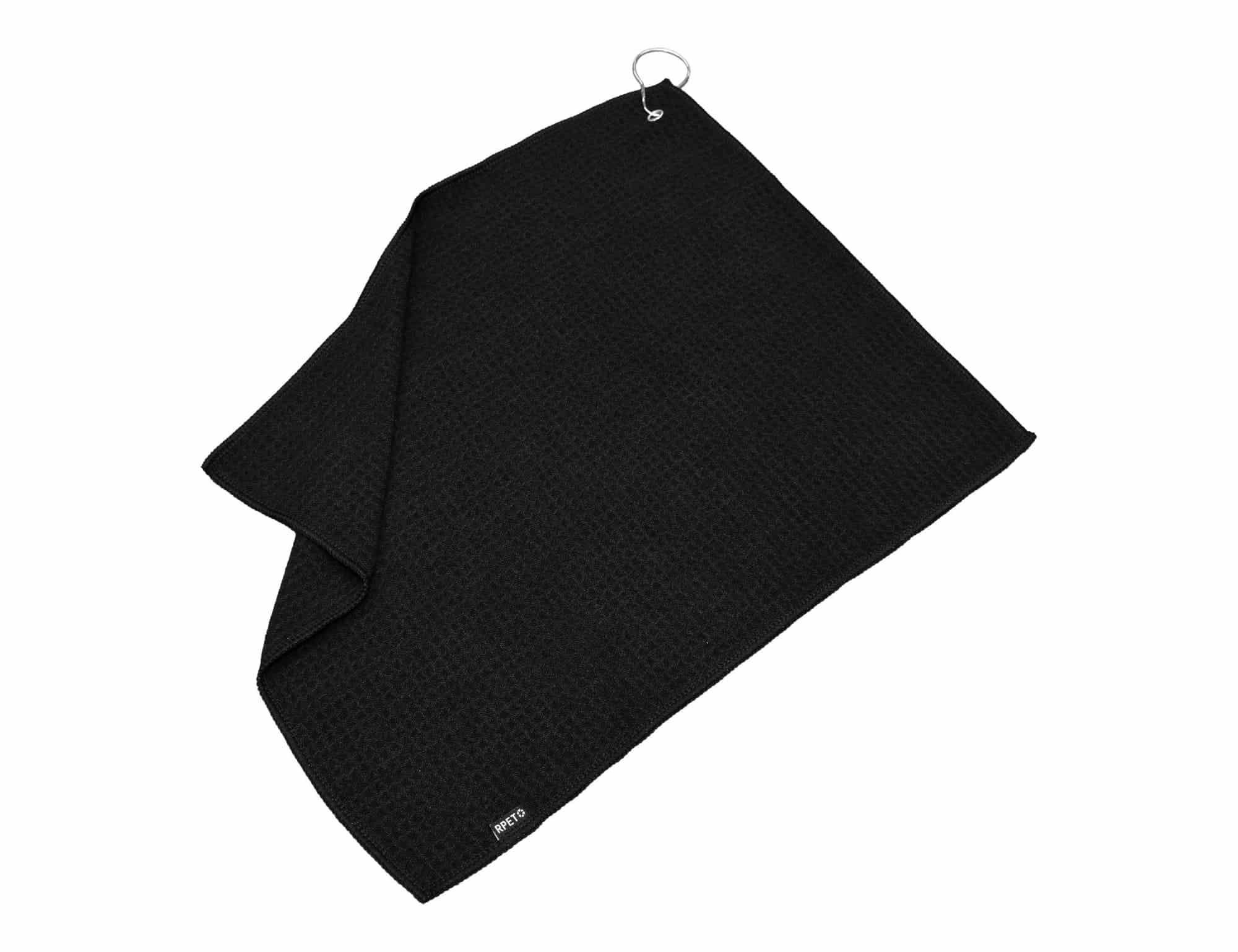 A black golf towel with a textured surface and a metal ring for attachment. Features a small logo.