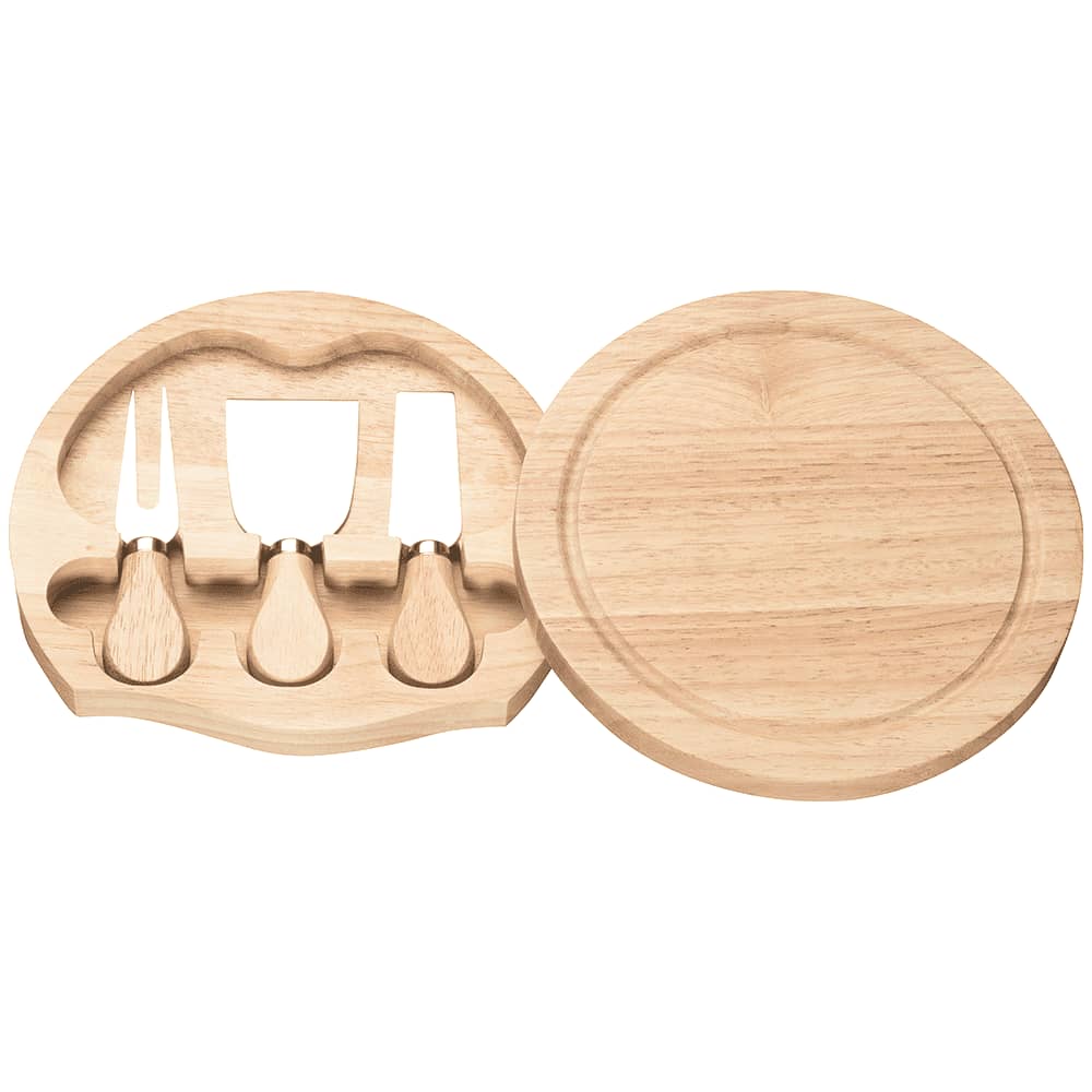 A wooden gourmet entertainer set featuring a round platter and three cheese knives. The set has a natural finish.