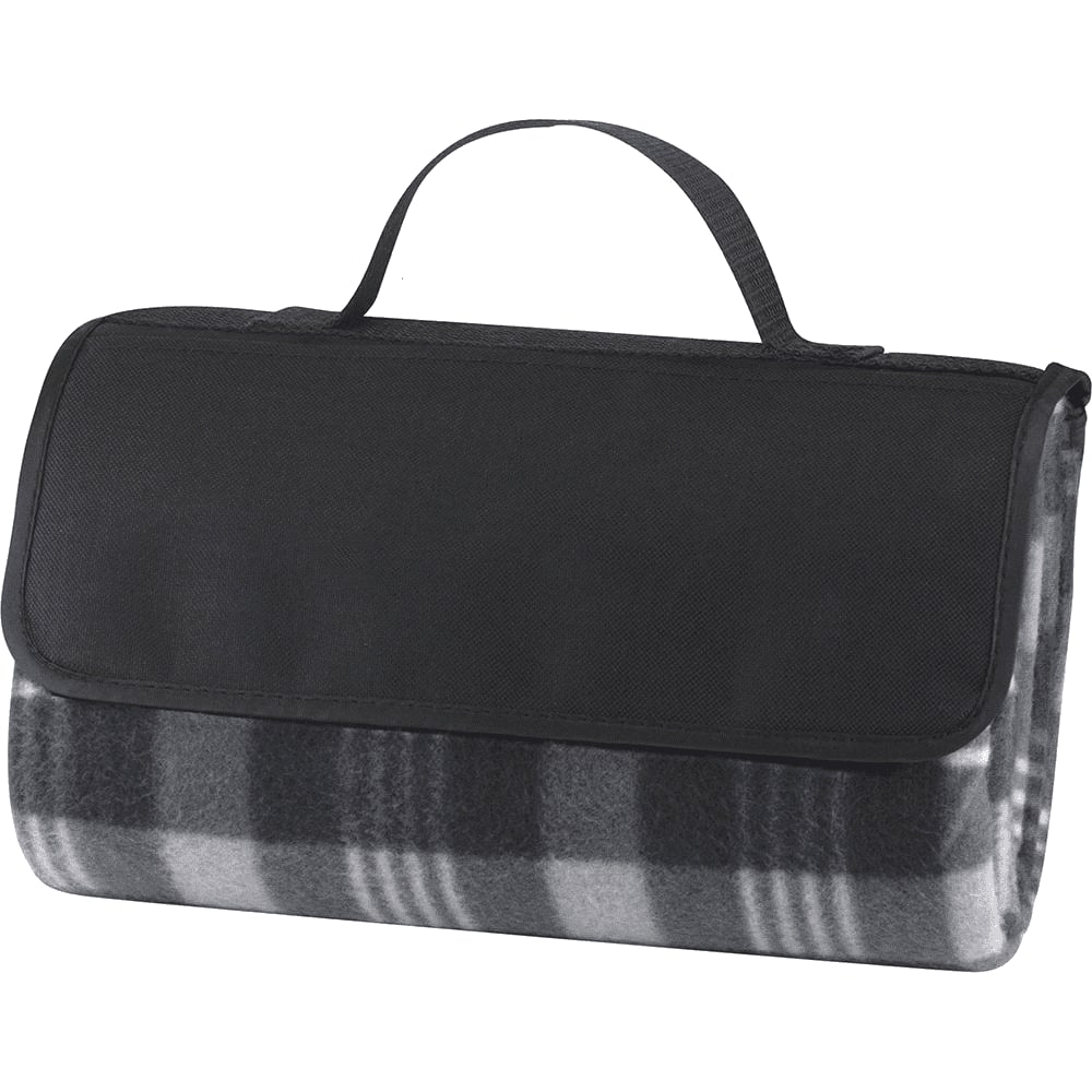 A black picnic blanket with a plaid design, featuring a carrying handle for easy transport.