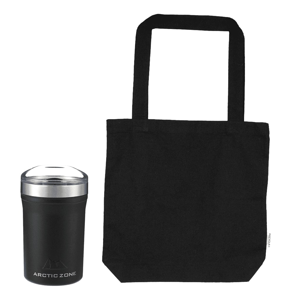 A black tote bag and a black drink bottle with a silver lid, featuring a logo on the bottle.