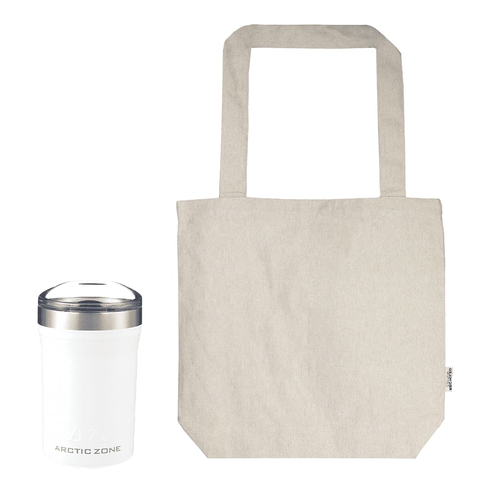 A white drink bottle and a natural-coloured tote bag, both featuring a logo.