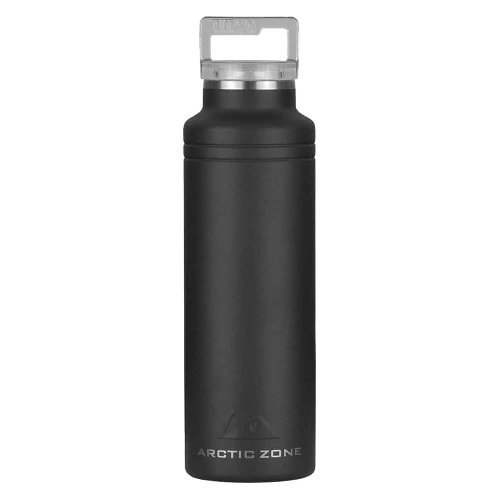 A drink bottle in matte black with a silver cap, featuring a logo on the base.