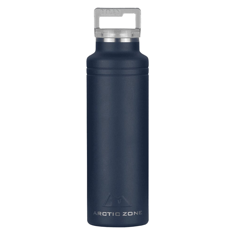 A drink bottle in navy blue with a silver lid and a branded logo on the front.